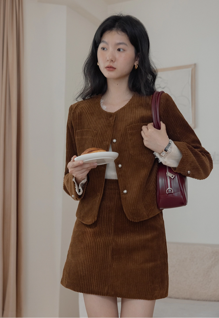 Corduroy Set: Button-Up Jacket and Mini Skirt