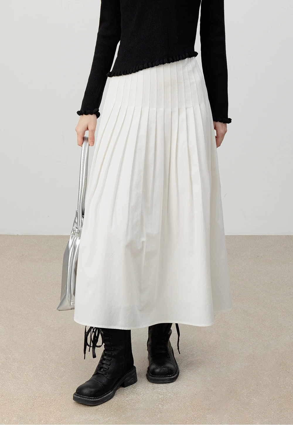 White Pleated A-Line Midi Skirt