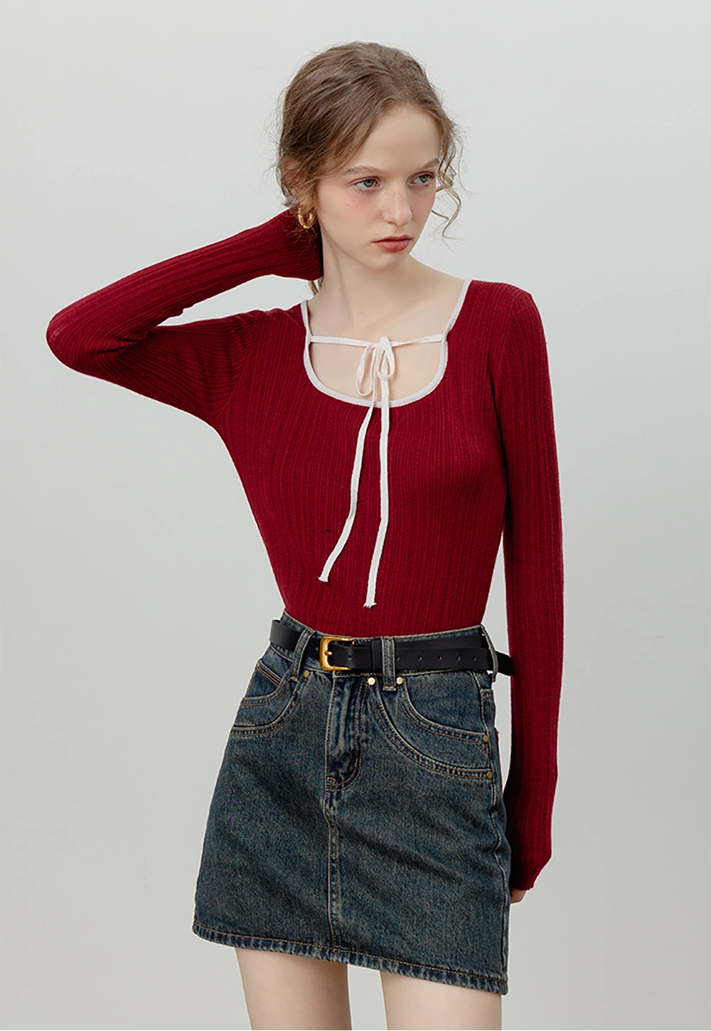 Women's Long-Sleeve Ribbed Knit Top with Tie Neck Detail