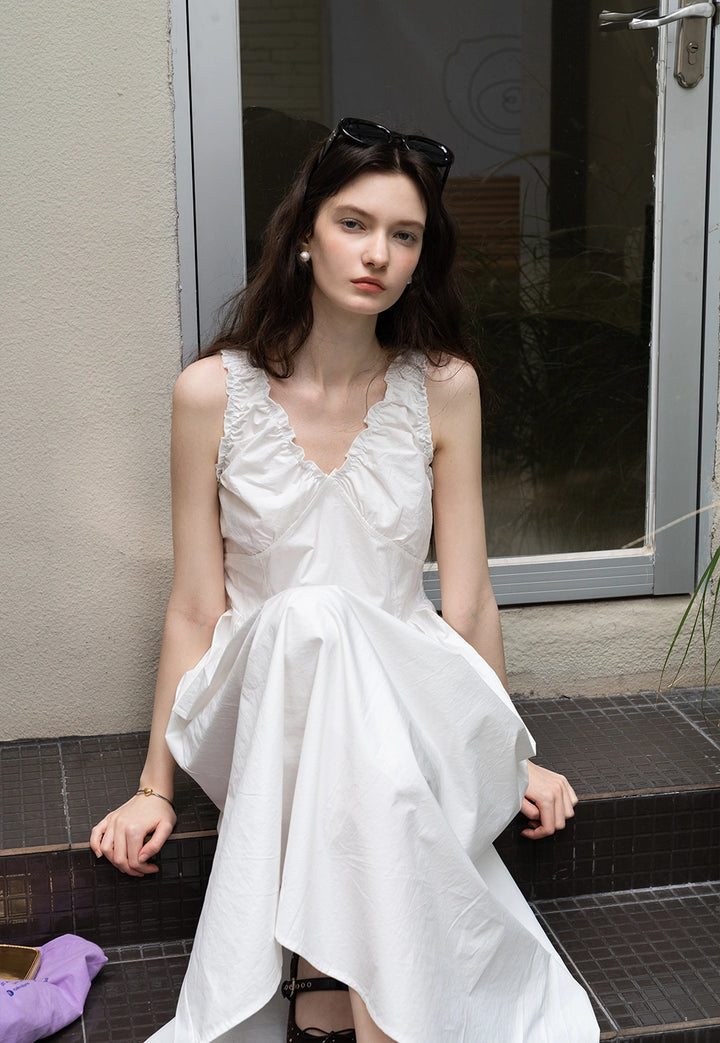 White Ruffled Strap A-Line Dress