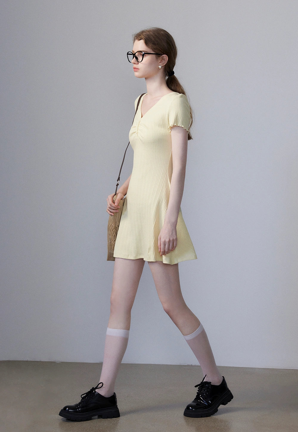 Women's Short-Sleeve Ribbed Dress with Button Detail