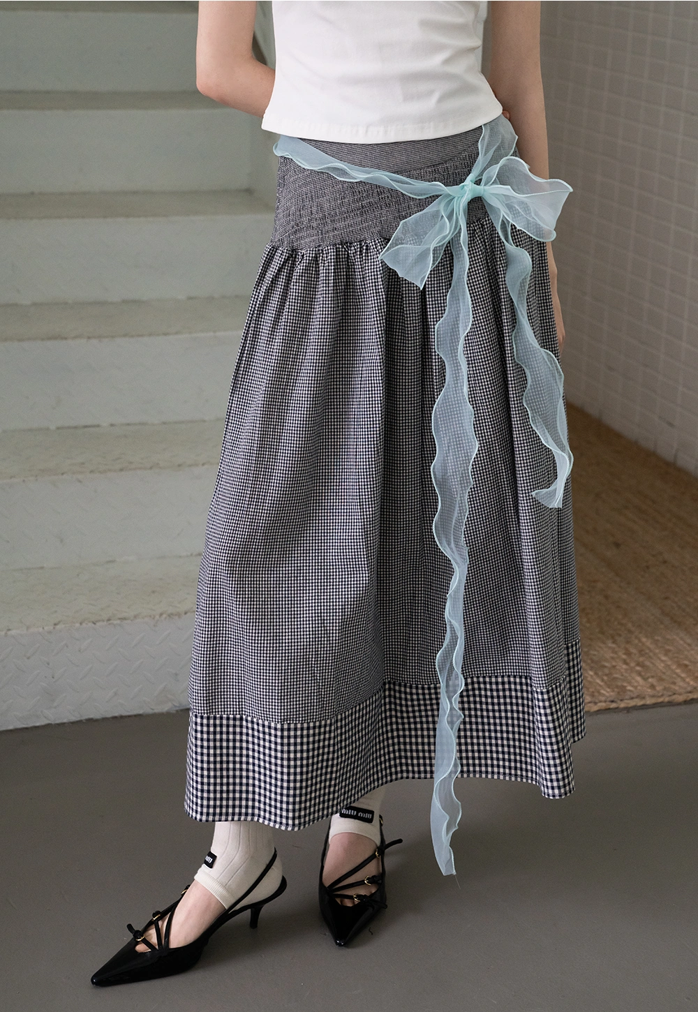 Vintage Gingham High-Waist Midi Skirt