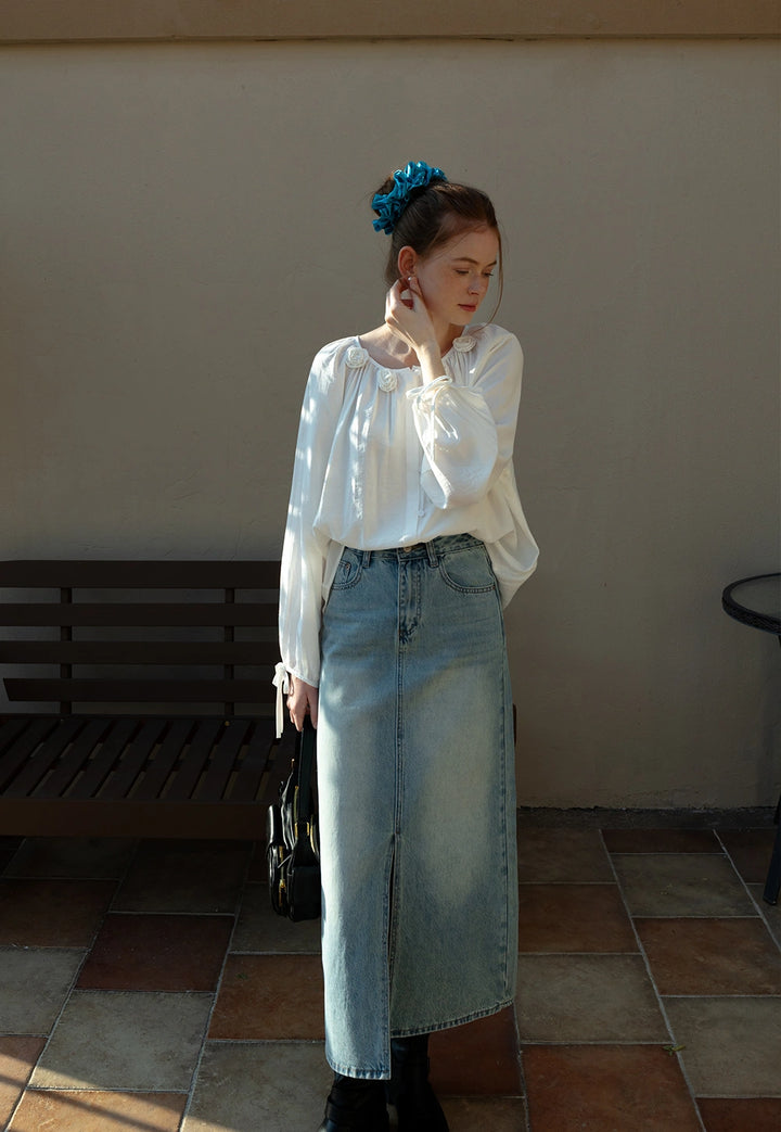 Women's High-Waisted Denim Skirt with Front Slit