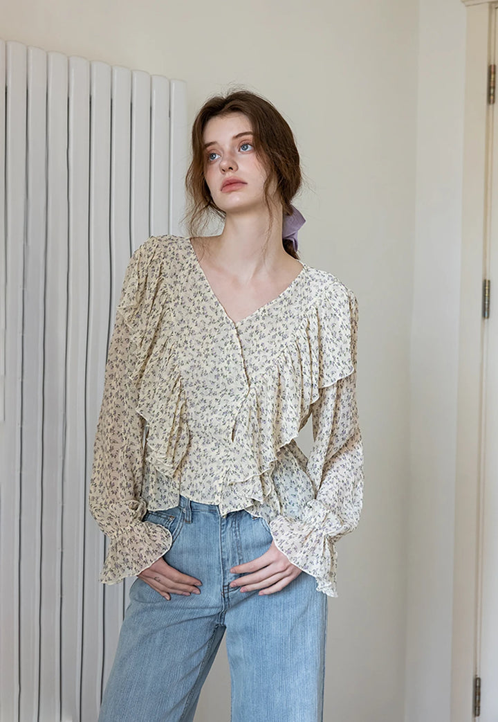 Women's V-Neck Ruffle Floral Blouse