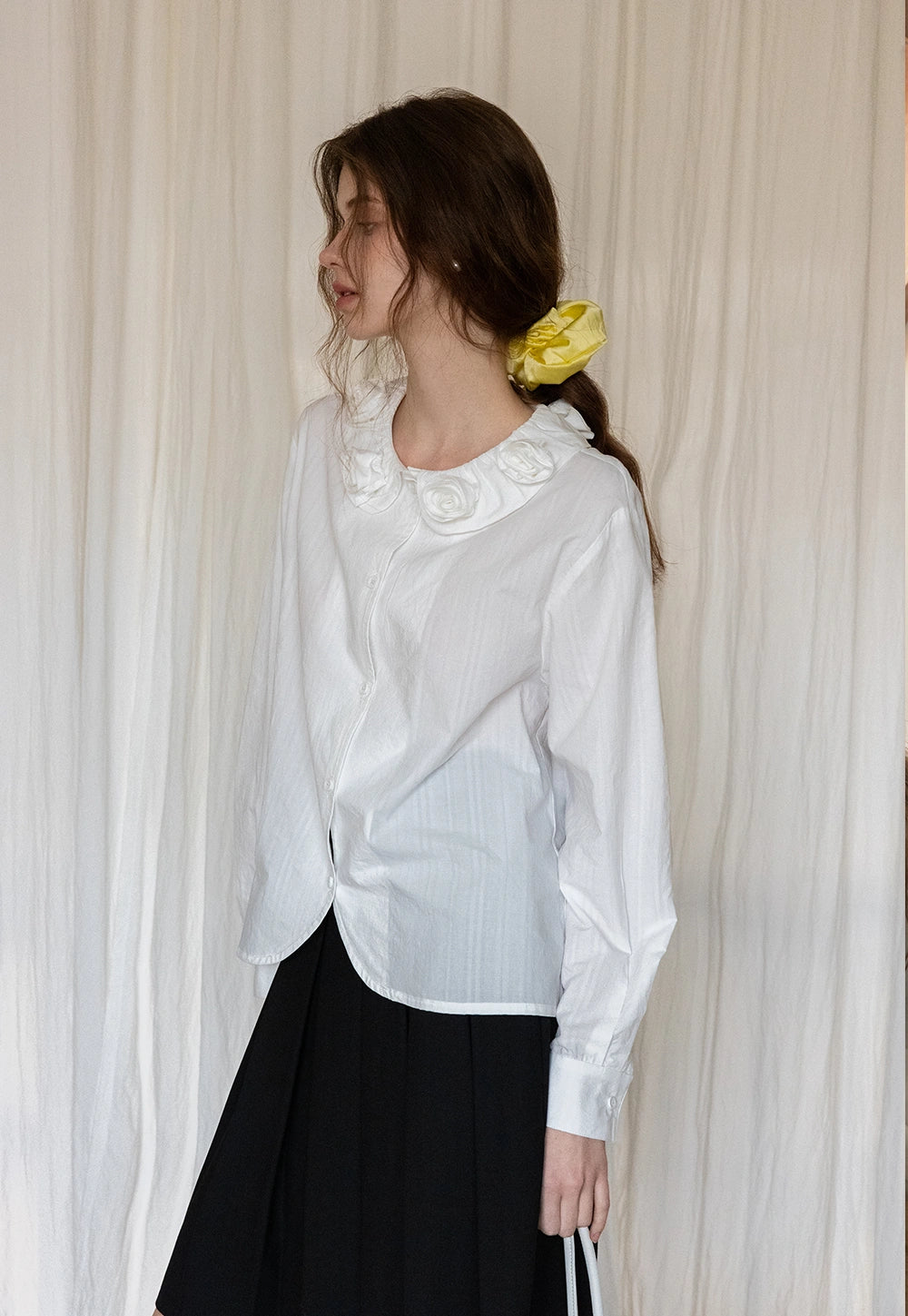 White Button-Up Blouse with Floral Embellished Collar