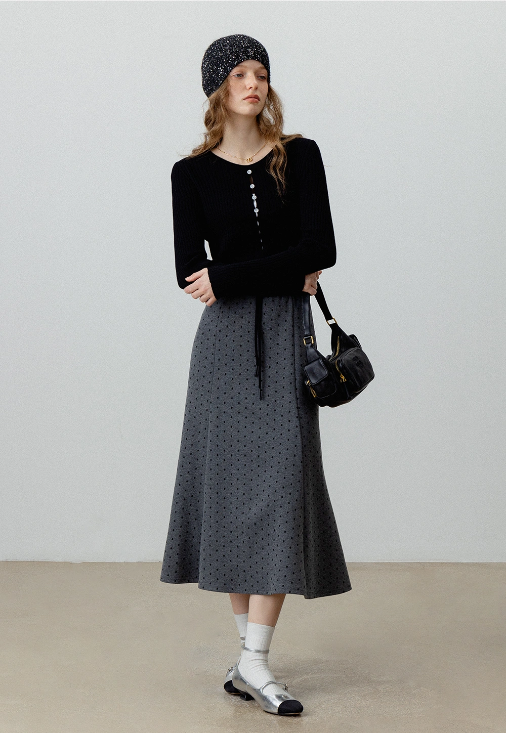 Women's Polka Dot Drawstring Waist Flared Midi Skirt