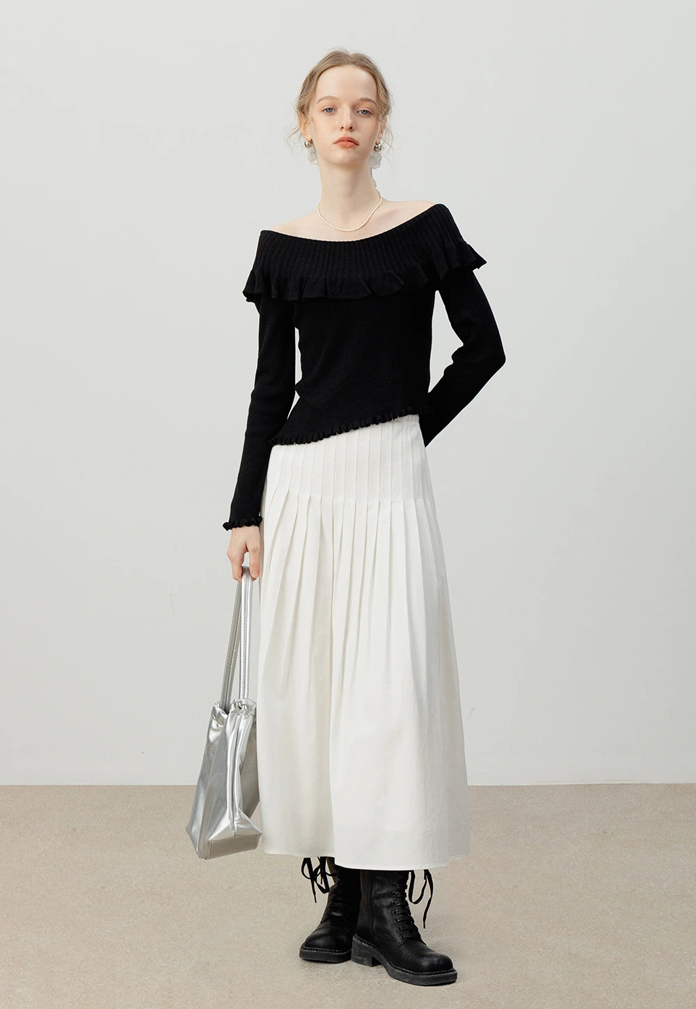 White Pleated A-Line Midi Skirt