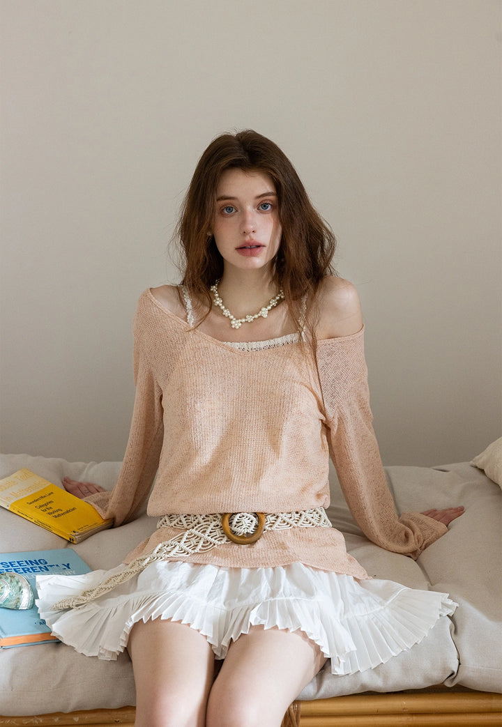 Boho-Inspired Beige Knit Top with Crochet Belt