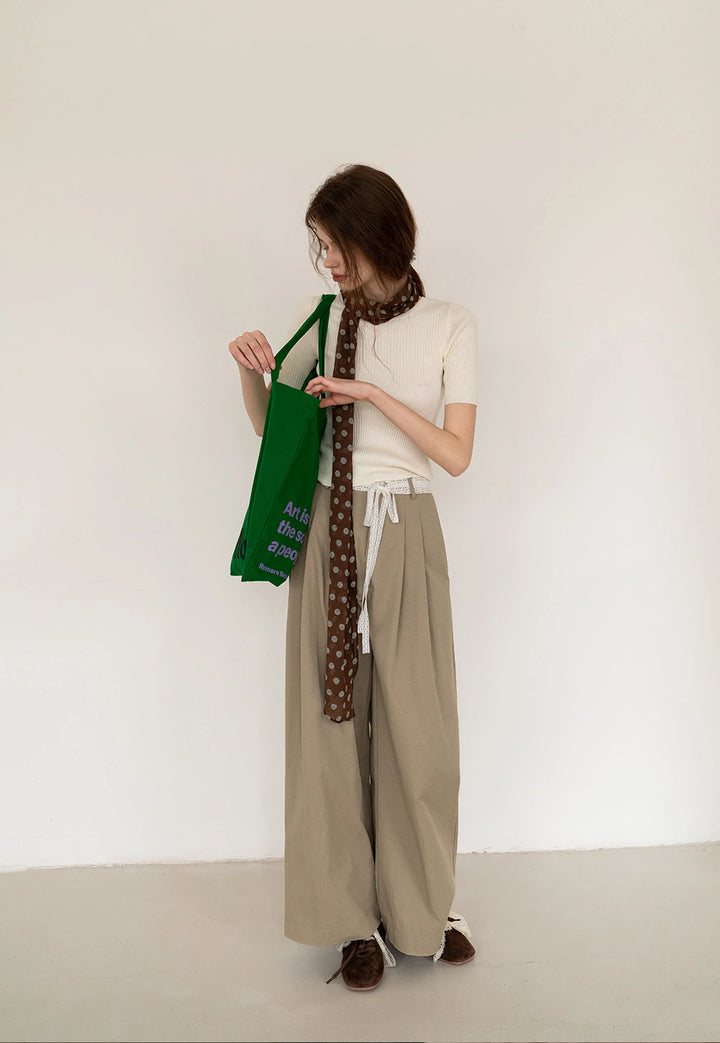 Casual Pleated Wide-Leg Pants with Drawstring Detail