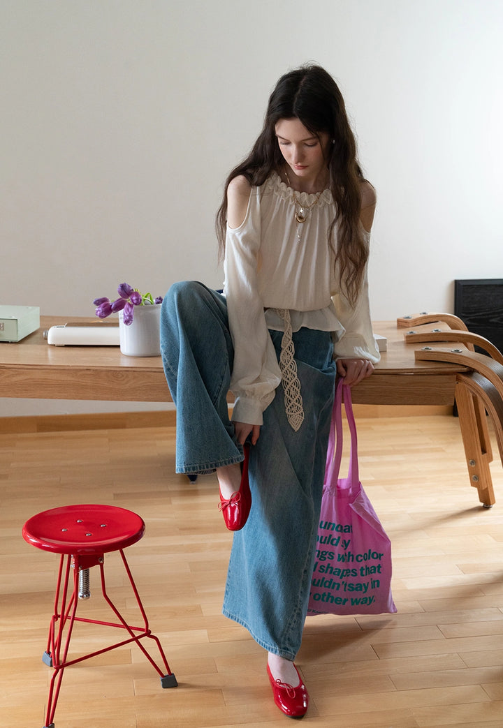 Ruffled Cold-Shoulder Long Sleeve Blouse