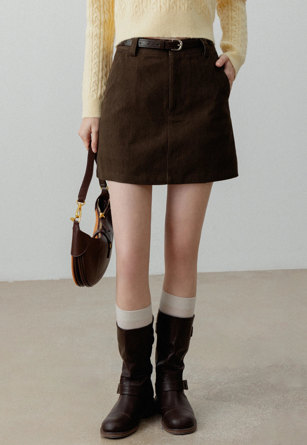 Women's High-Waisted Belted Corduroy Mini Skirt