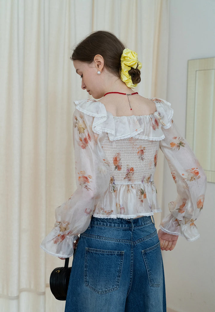 Floral Off-Shoulder Ruffle Blouse with Lace Trim