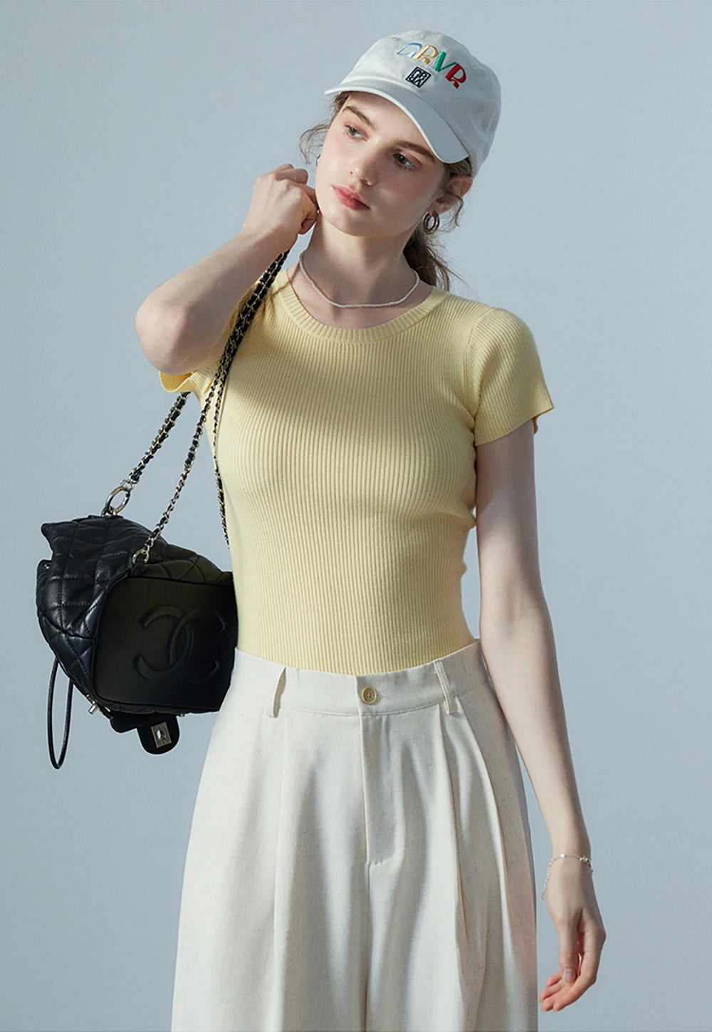 Women's Light Yellow Ribbed Knit T-Shirt