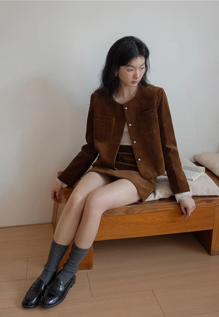 Corduroy Set: Button-Up Jacket and Mini Skirt