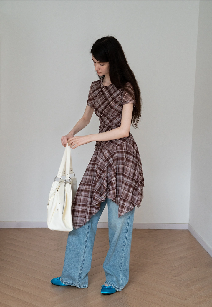 Crew Neck Plaid Ruched Midi Dress