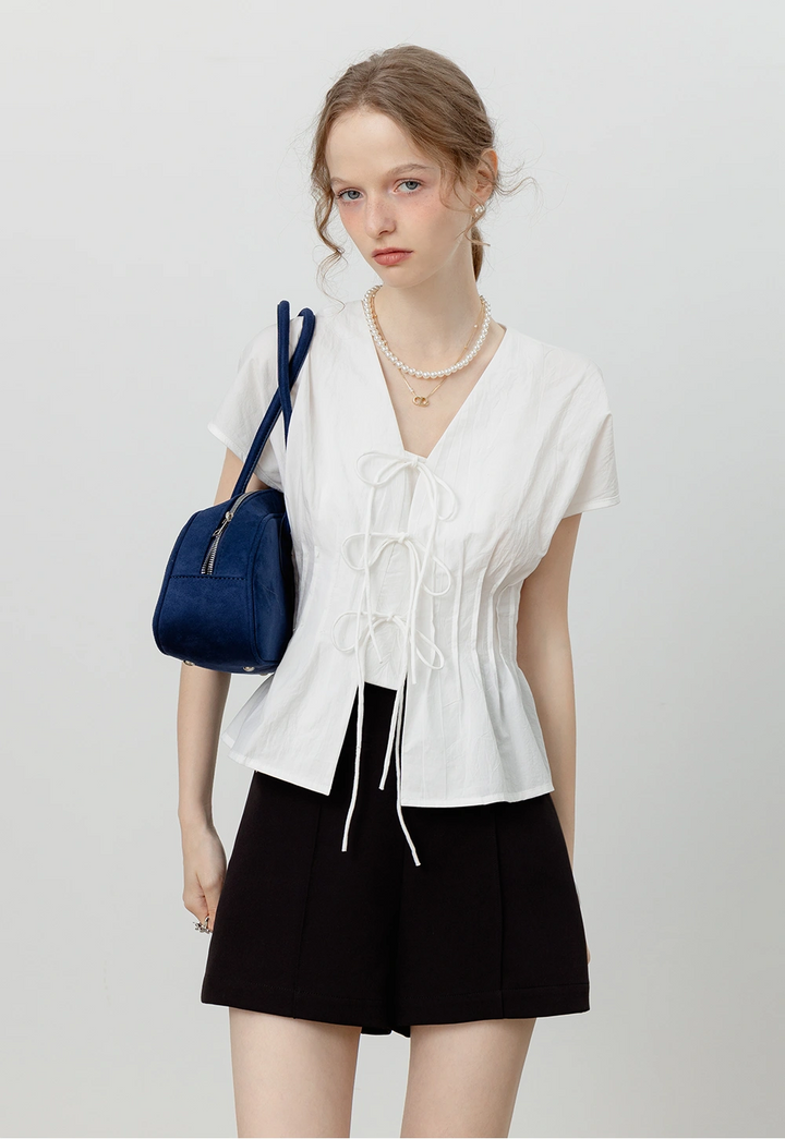 Women's White Bow-Tie Front Blouse