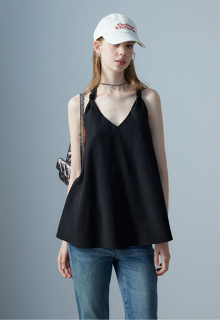 Women's Black Knotted Strap Top