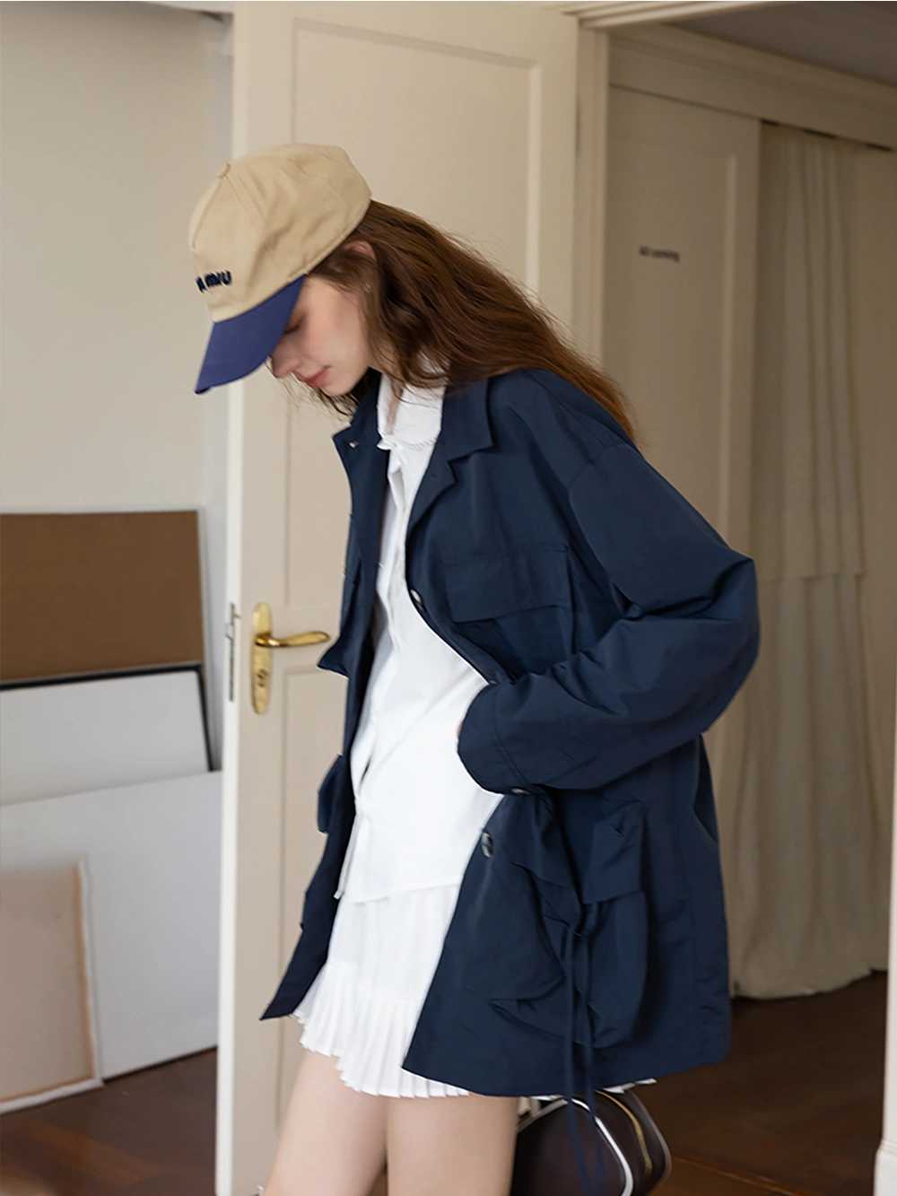 Utility-Inspired Navy Jacket with Drawstring Pockets