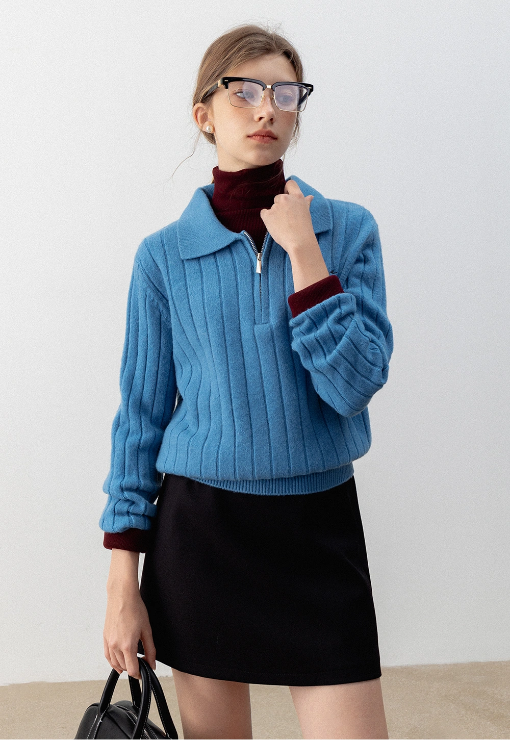 Collared Knit Top with Double Half-Zip Carigans