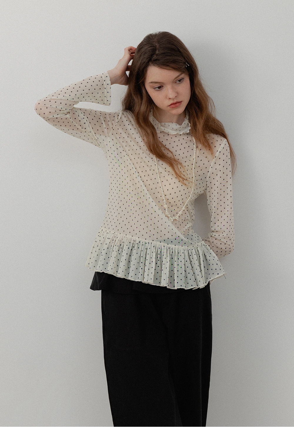 Women's Polka Dot Ruffle Blouse with Pearl Detail