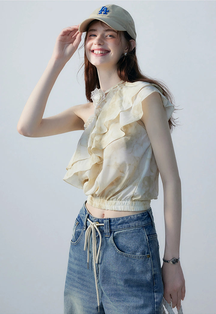 Top da donna con volant monospalla con stampa tie-dye