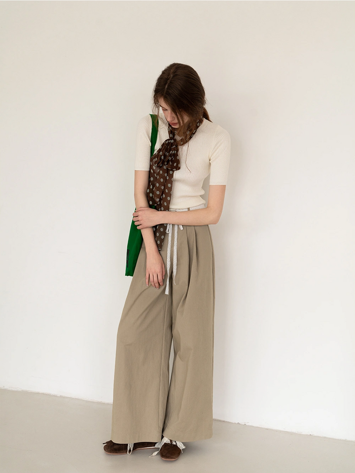 Casual Pleated Wide-Leg Pants with Drawstring Detail