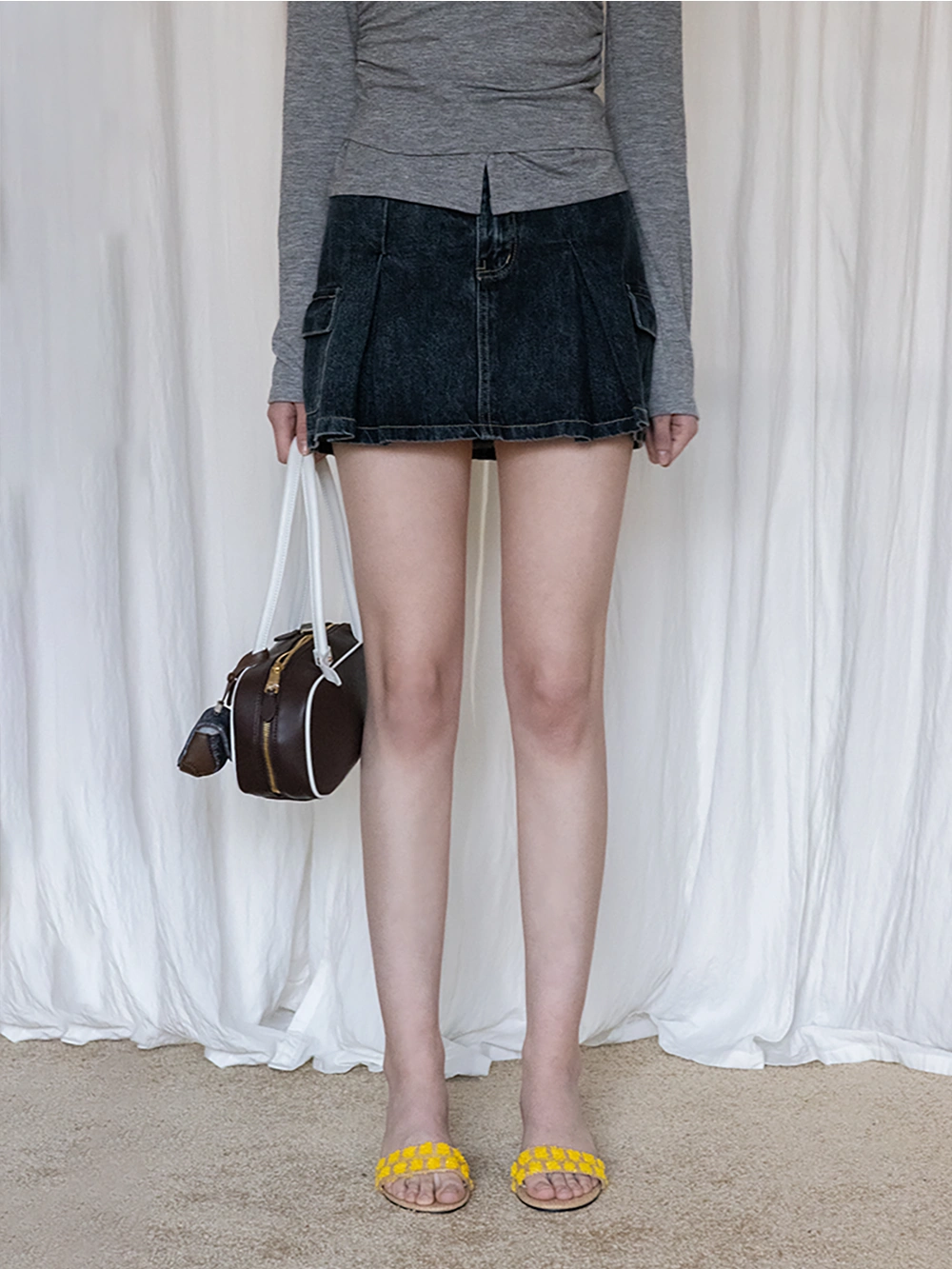 Denim Pleated Skirt with Cargo Pockets