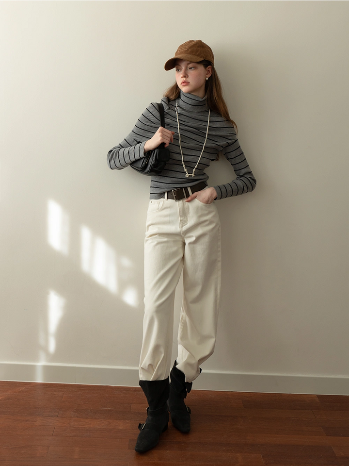 Women's Striped Layered High Neck Knit Top