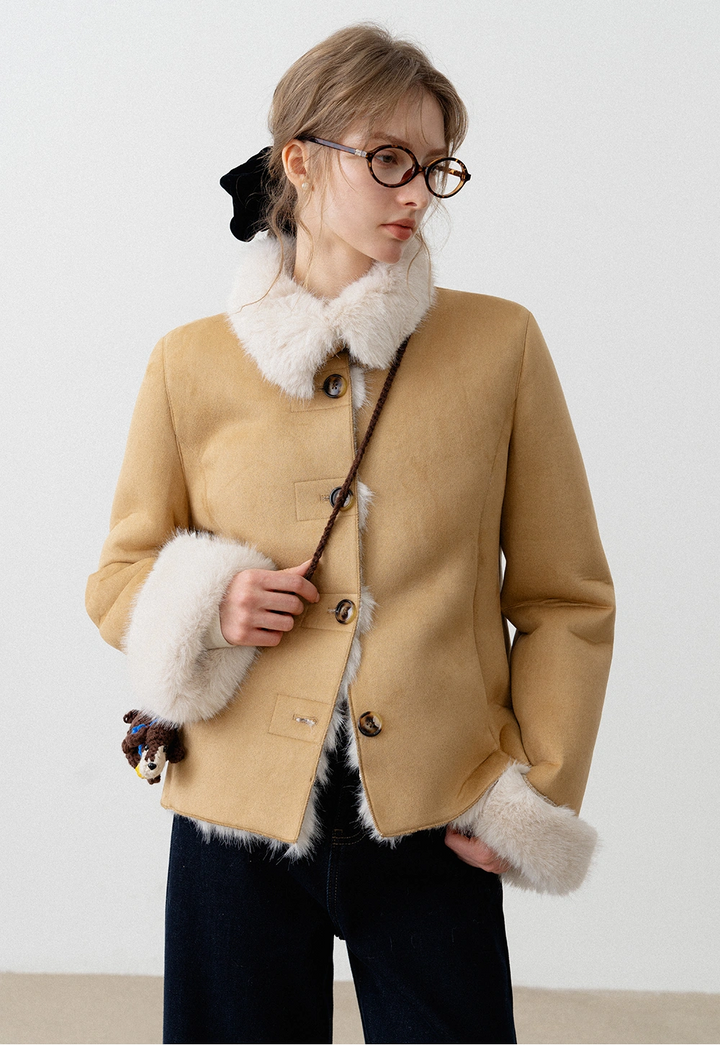 Women's Faux Suede Jacket with Faux Fur Trim