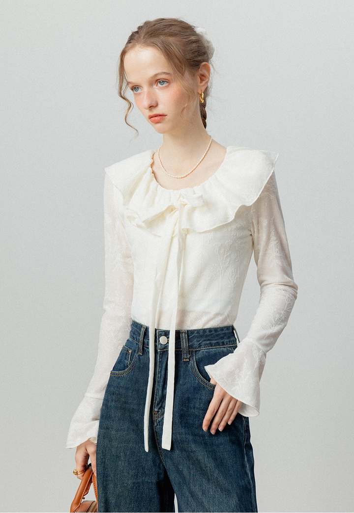 Ruffled Collar Jacquard Blouse with Tie Front