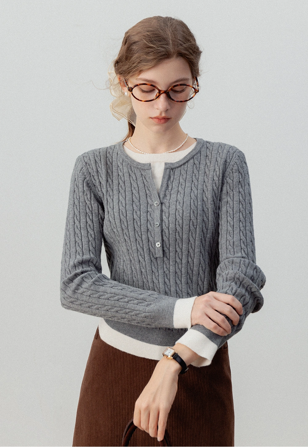 Women's Classic Cable Knit Henley Sweater