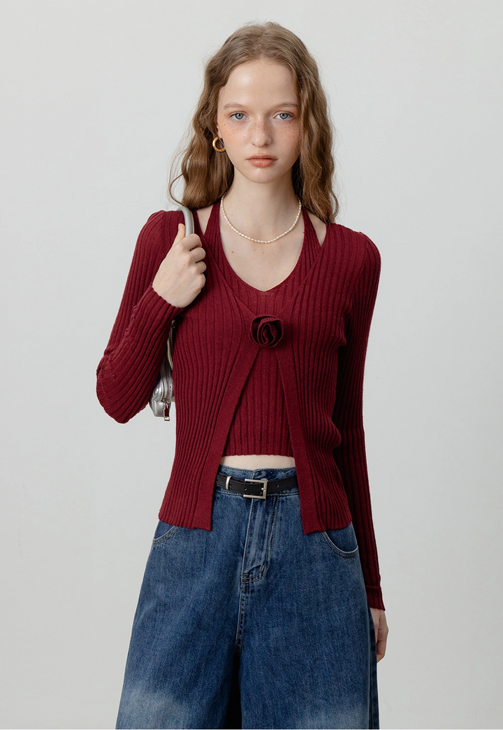 Ribbed Knit Cardigan with Halter Neck