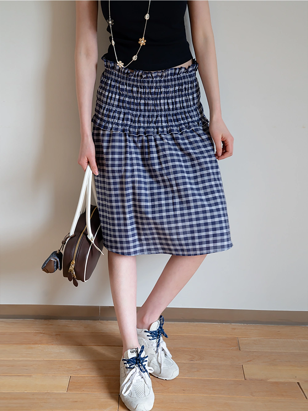 Women's Plaid Smocked High Waist Skirt