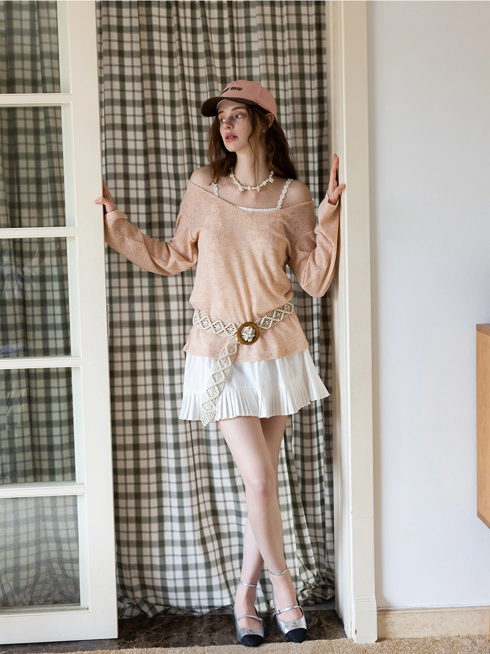 Boho-Inspired Beige Knit Top with Crochet Belt