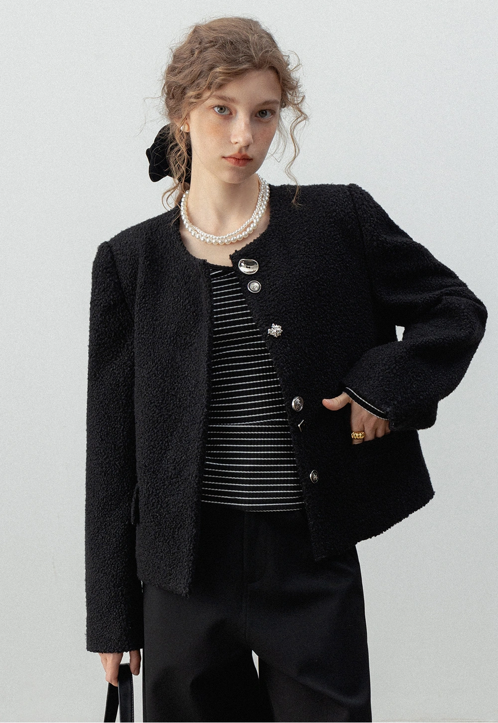 Women's Elegant Black Tweed Blazer Jacket