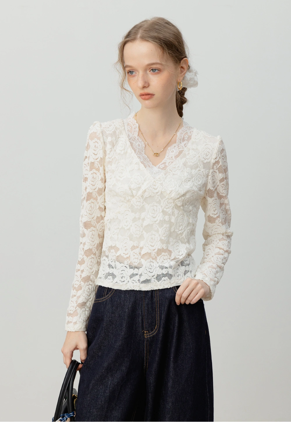 V-Neck Floral Lace Long-Sleeve Top