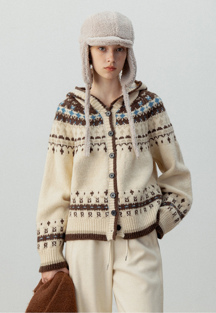 Women's Fair Isle Vintage Hooded Knit Cardigan