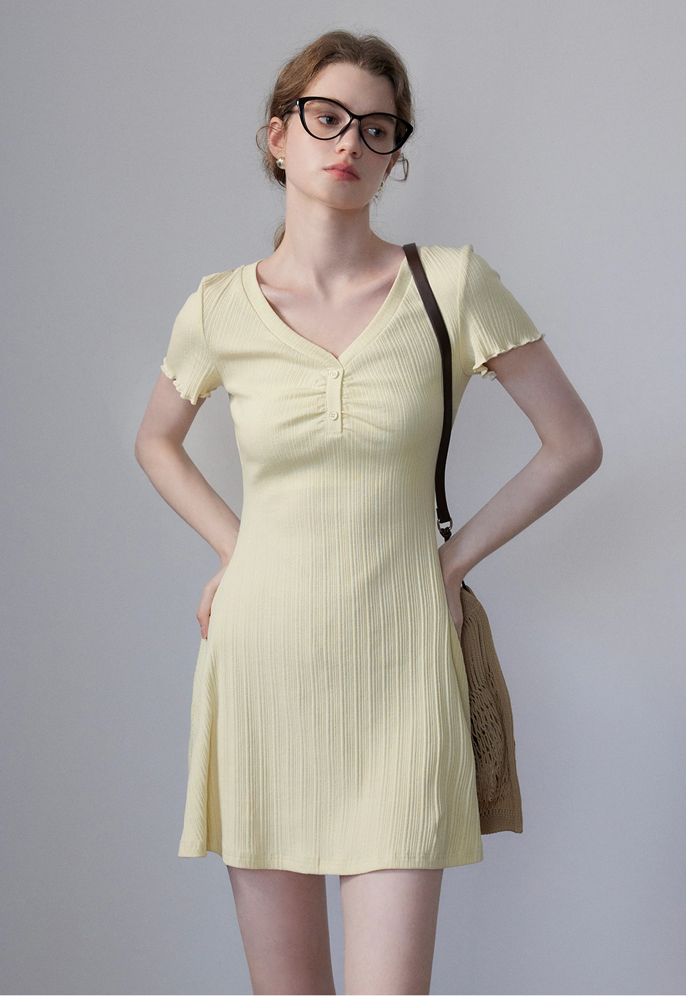 Women's Short-Sleeve Ribbed Dress with Button Detail