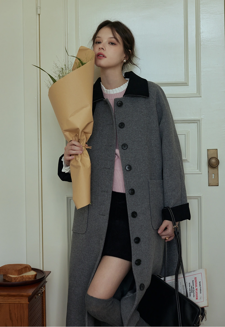 Women's Long Wool Coat with Button Closure