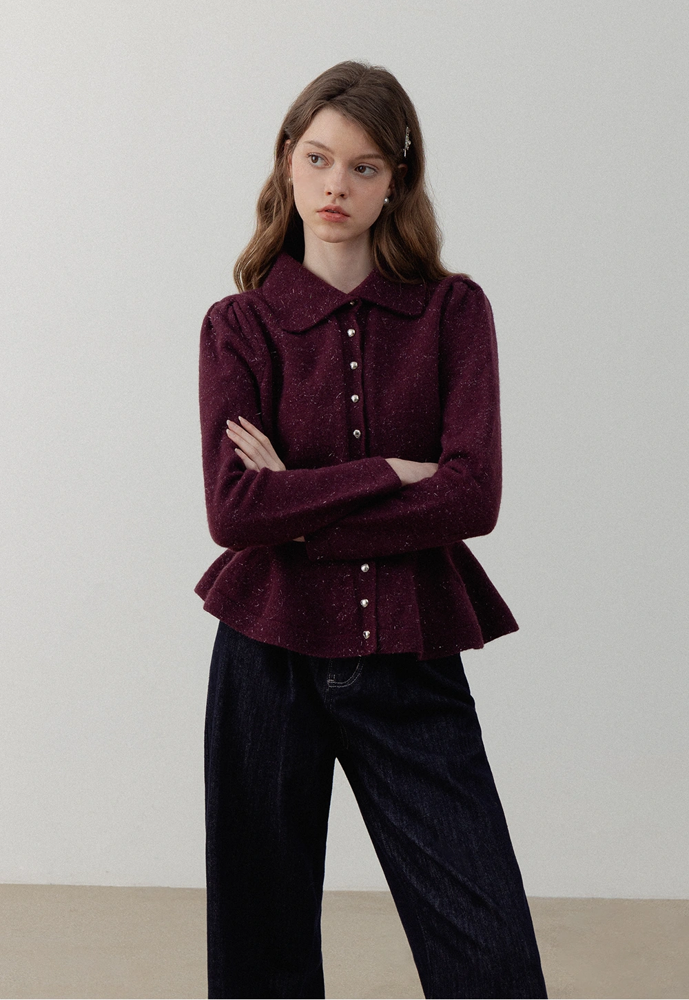 Women’s Peplum Collar Button-Down Sweater