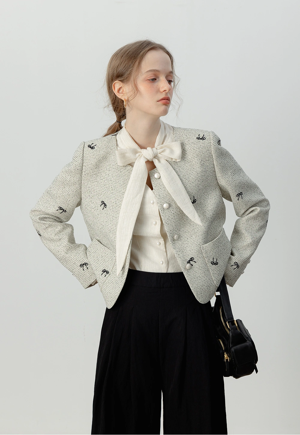 Women's Bow Embellished Tweed Jacket