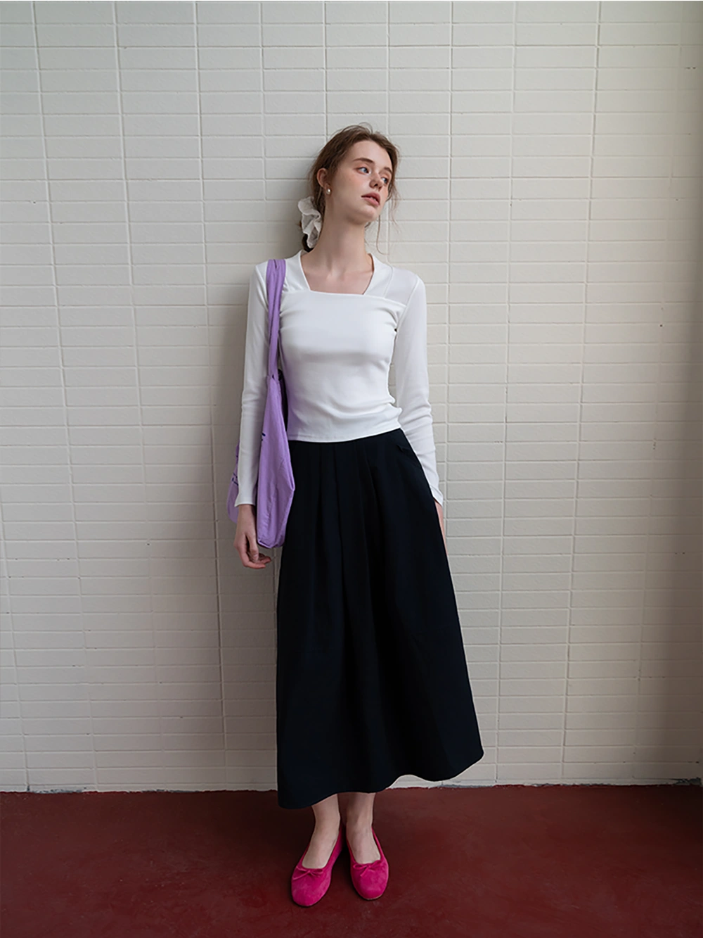 Elastic Waist Midi A-Line Skirt