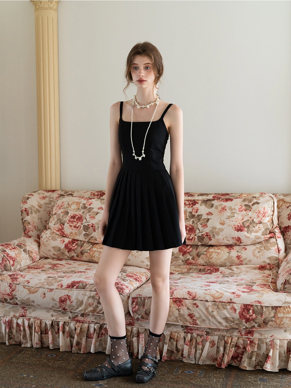 Black Pleated Mini Dress with Adjustable Straps