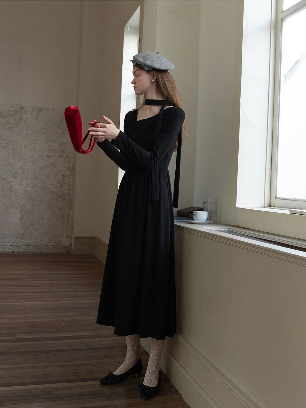 Women’s Long Sleeve Black Asymmetrical Neckline Midi Dress