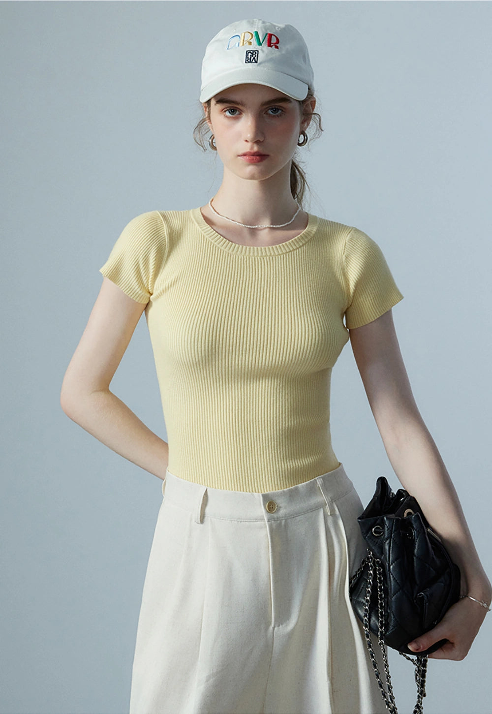 Women's Light Yellow Ribbed Knit T-Shirt