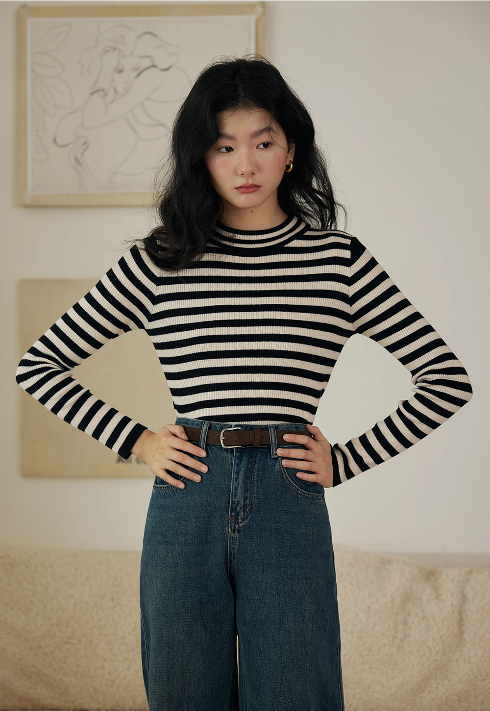 Women's Striped Long-Sleeve Mock Neck Ribbed Knit Top