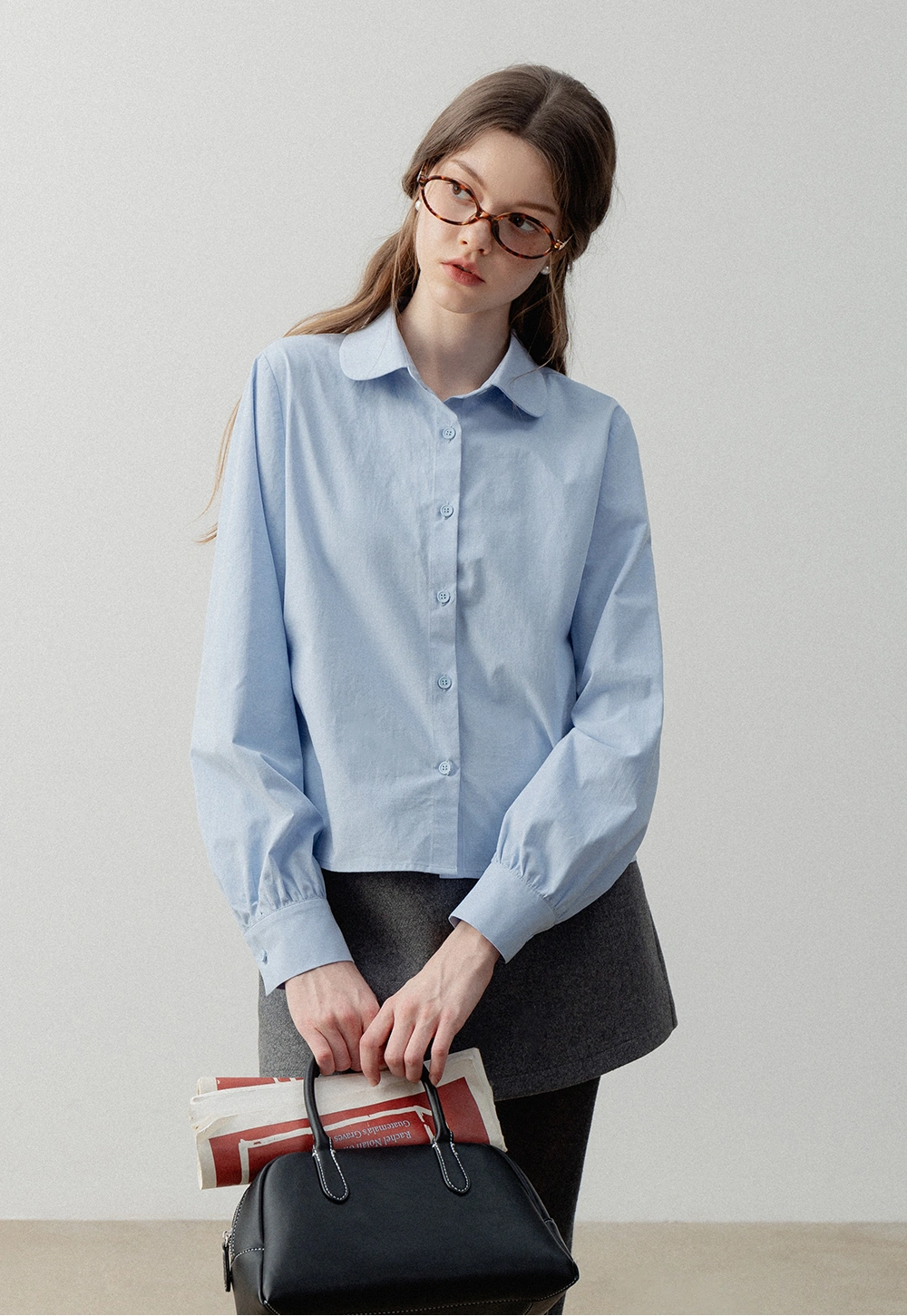 Women's Blue Long-Sleeve Button-Up Shirt with Peter Pan Collar