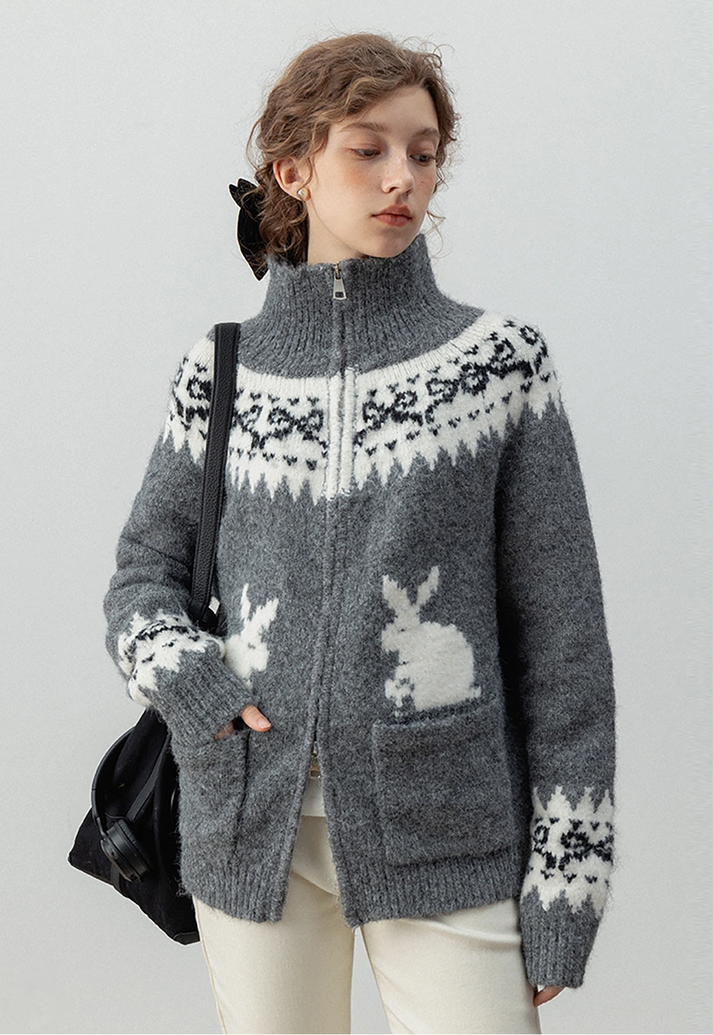 Women's High Neck Rabbit Pattern Zip-Up Knit Cardigan With Pockets