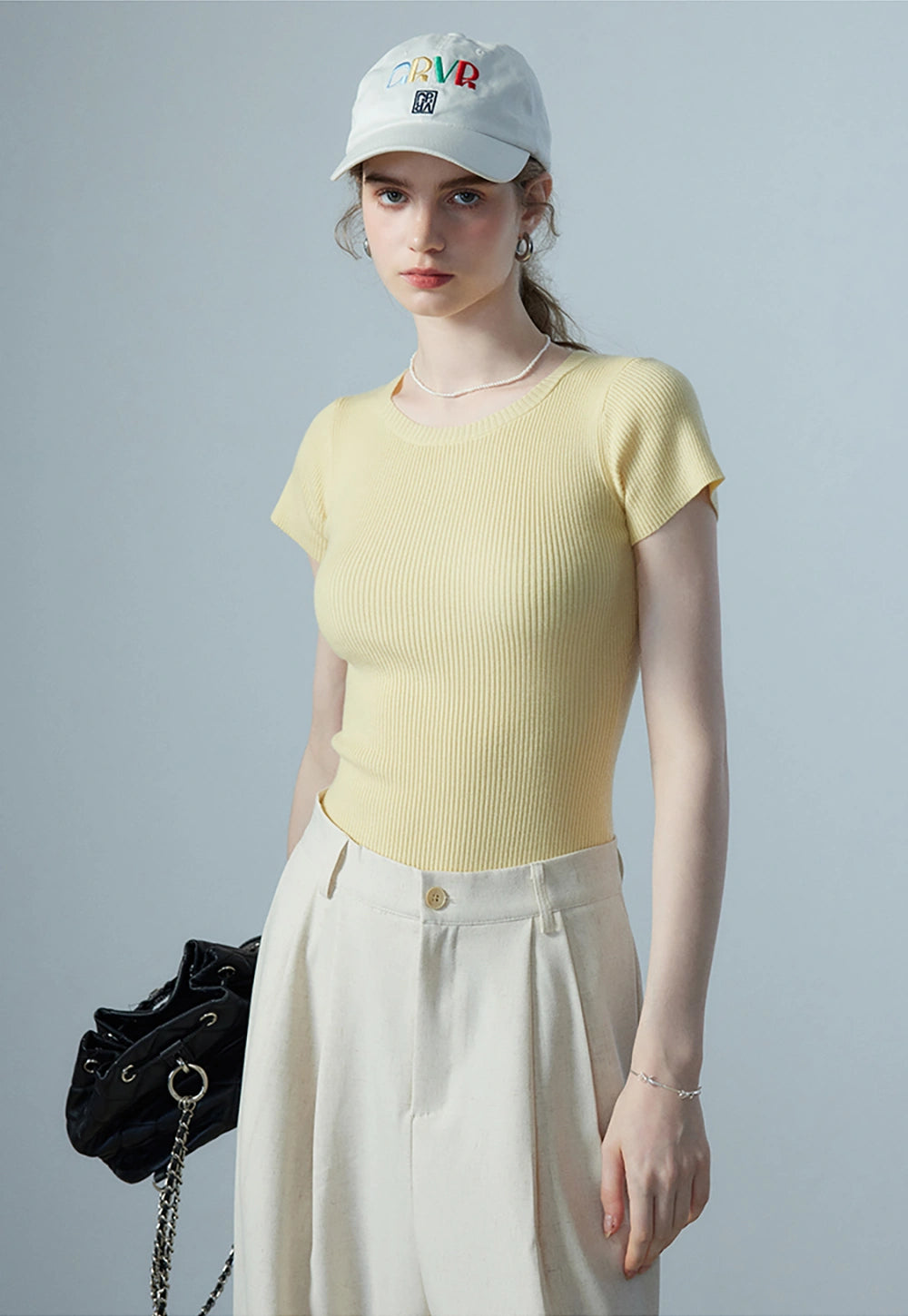 Women's Light Yellow Ribbed Knit T-Shirt