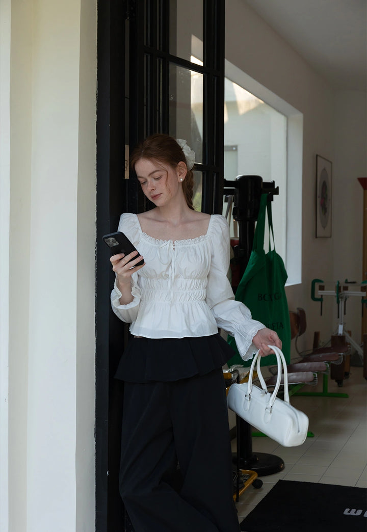 Women’s White Shirred Tie-Front Blouse